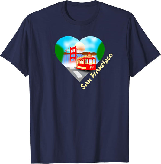San Francisco Heart with trolley and Golden Gate T-Shirt - T-Shirt | Navy