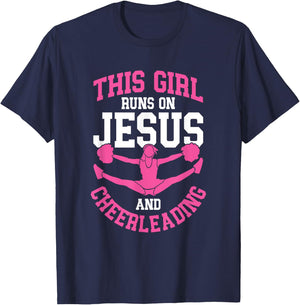 Cheerleader This Girl Runs on Jesus and Cheerleading T-Shirt - T-Shirt | Navy