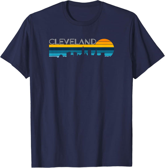 Cleveland Skyline - Vintage Retro Sunset Cleveland Cityscape T-Shirt - T-Shirt | Navy