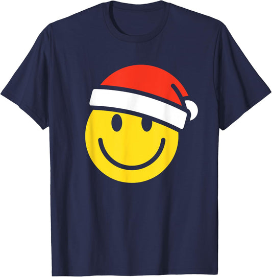 Yellow Smile Face Christmas Shirt Santa Hat Xmas Happy Face T-Shirt - T-Shirt | Navy