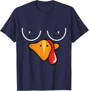 Coolest Turkey Face Funny Thanksgiving Day Boobs T-Shirt - T-Shirt | Navy