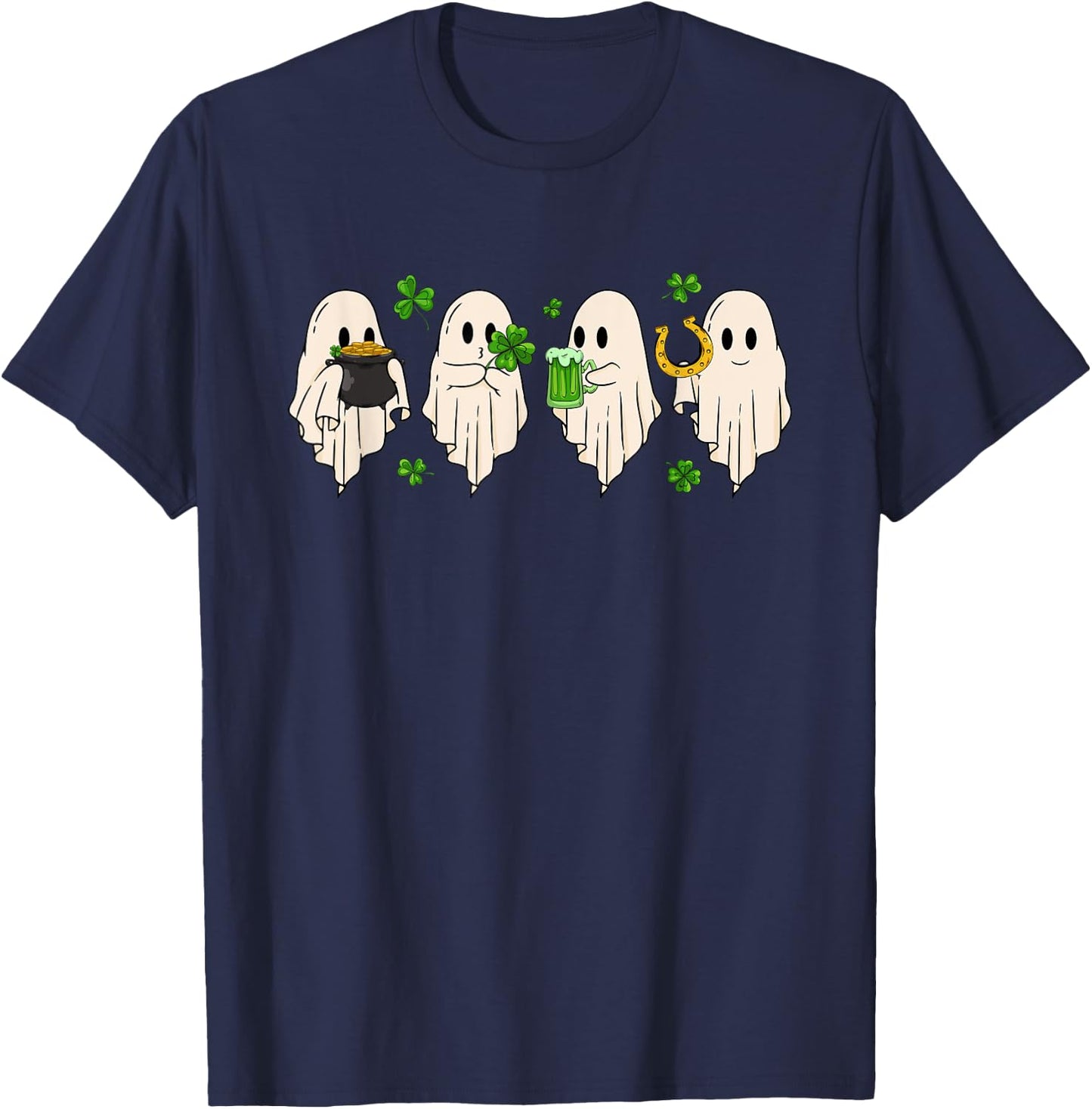Cute Ghost Hold Clover Beer Spooky St Patrick's Day T-Shirt - T-Shirt | Navy