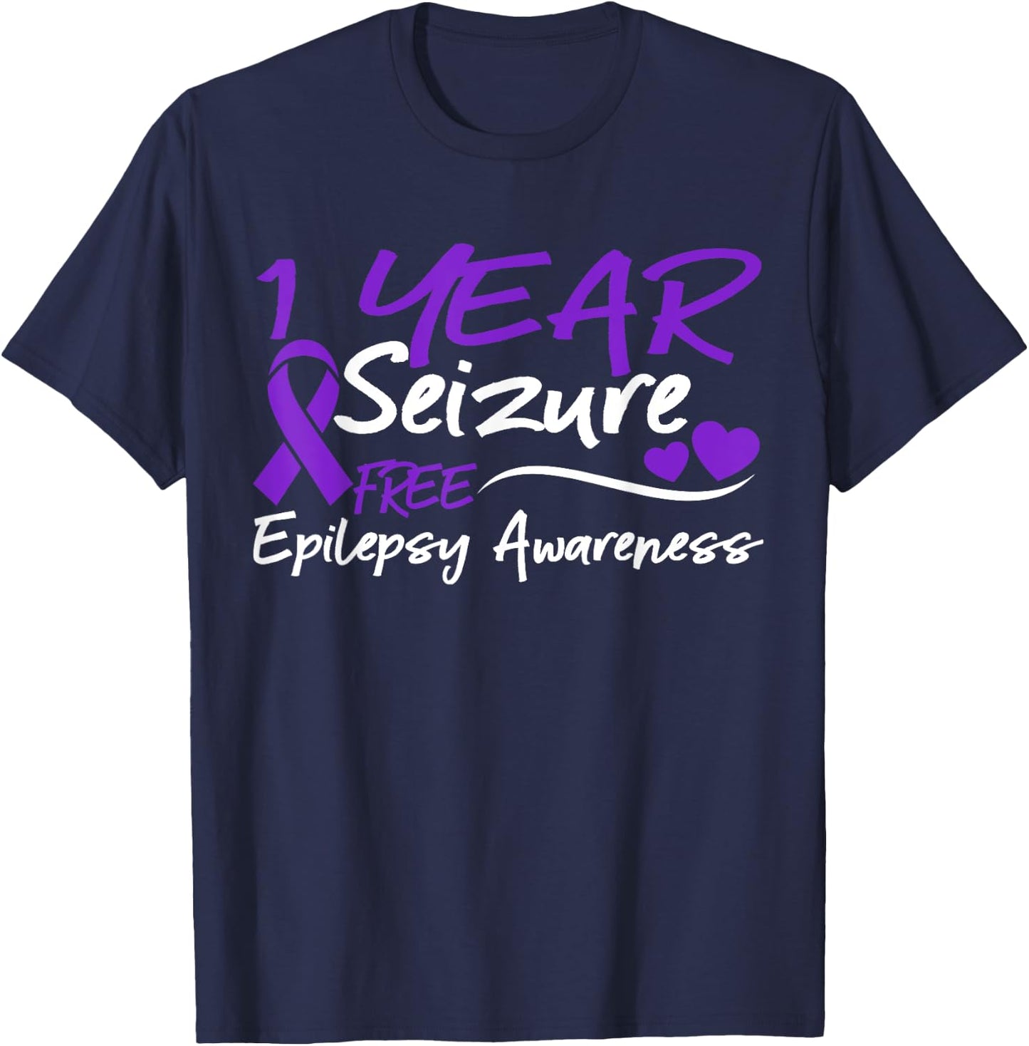 1 Year Seizure Free Epilepsy Awareness Month Purple Ribbon T-Shirt - T-Shirt | Navy