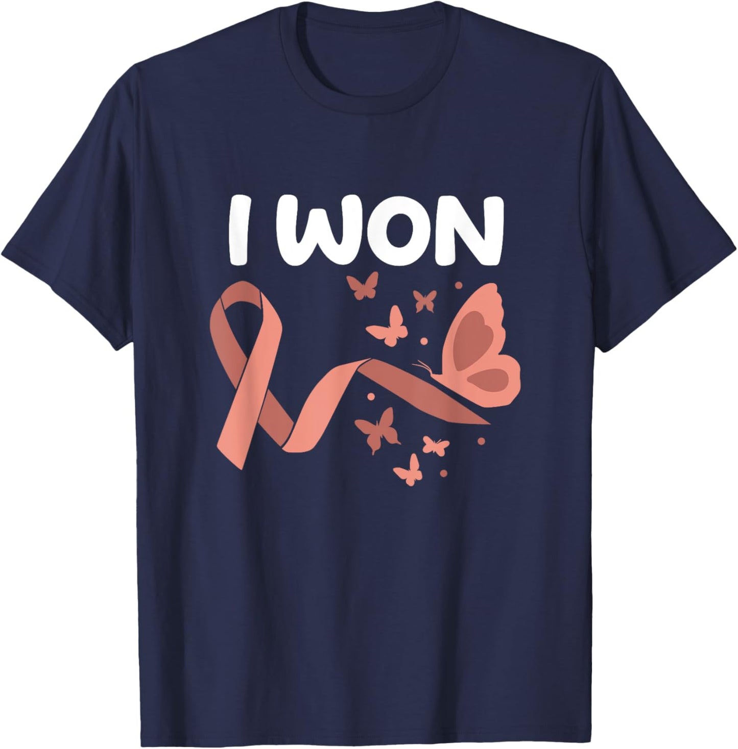 Peach Ribbon For Endometrial Cancer Awareness I Won! Endometrial Cancer Survivor. Butterflies Version Women's Black Cotton Polyester Blend Classic Fit Short Sleeve - Small T-Shirt - T-Shirt | Navy