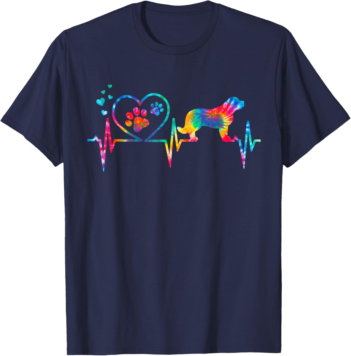 Saint Bernard Tie Dye Heartbeat Love Dog Funny T-Shirt - T-Shirt | Navy