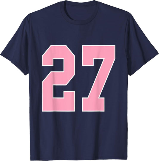 Number 27 Shirt Pink Football Basketball Breast Cancer Aware T-Shirt - T-Shirt | Navy