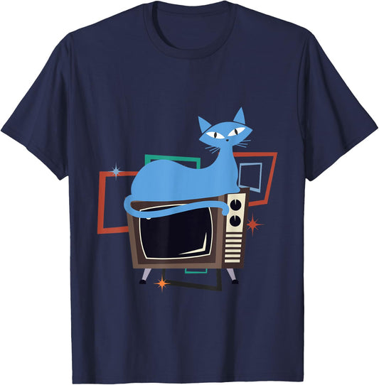 Vintage Mid-Century Cat Retro Atomic Age TV Decor Design Men Women Girls Kids T-Shirt - T-Shirt | Navy