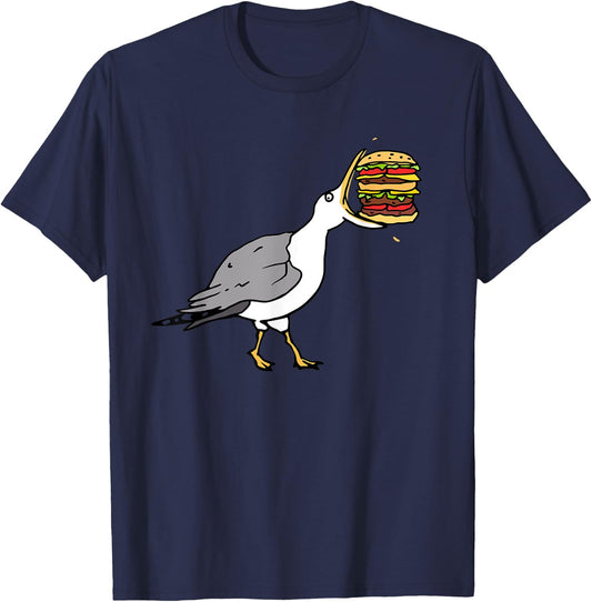Funny Animal Bird Seagull with Burger Hungry Food Art T-Shirt - T-Shirt | Navy