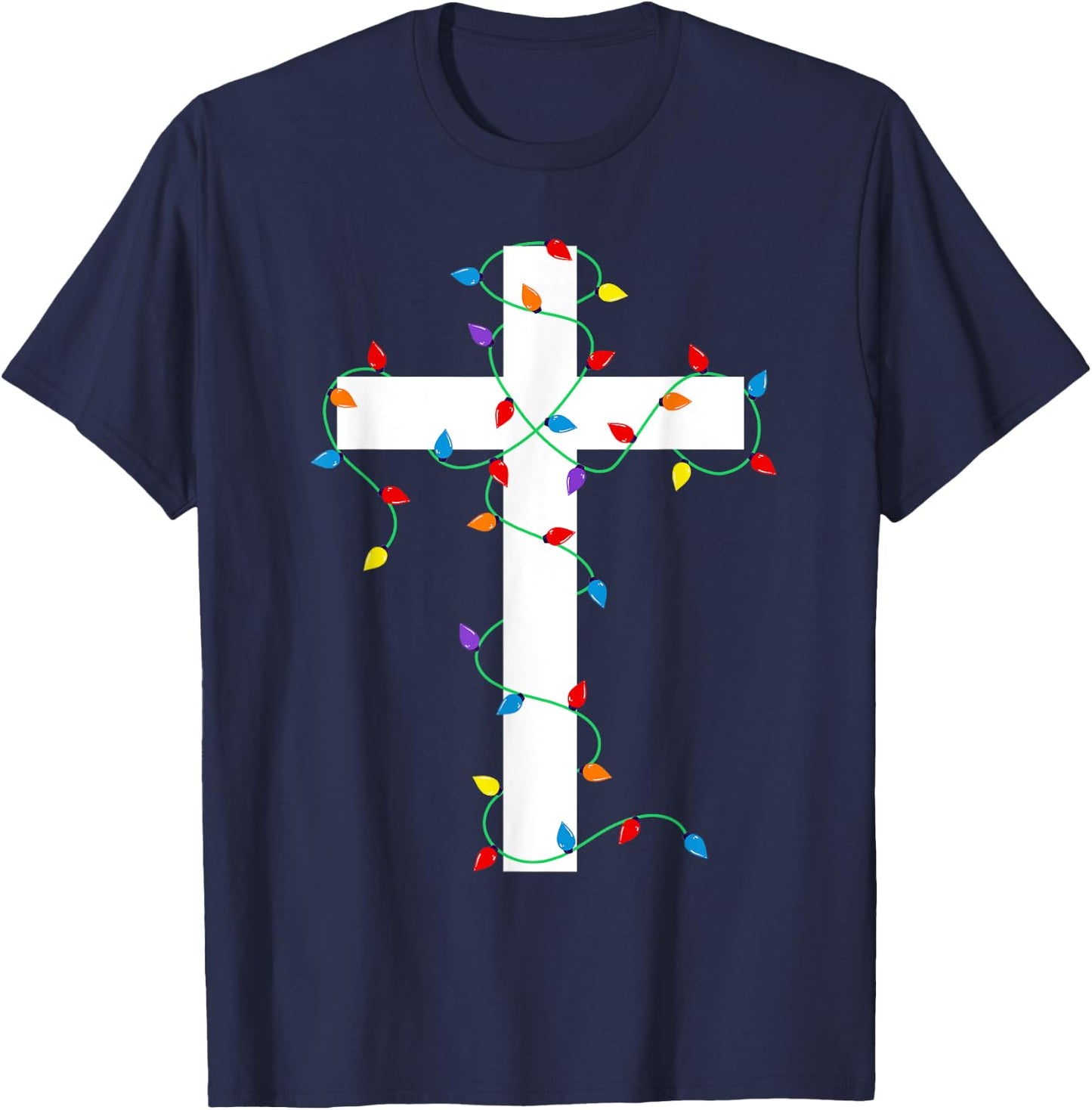 Merry and Bright Christmas Lights Jesus Cross Minimalist T-Shirt - T-Shirt | Navy