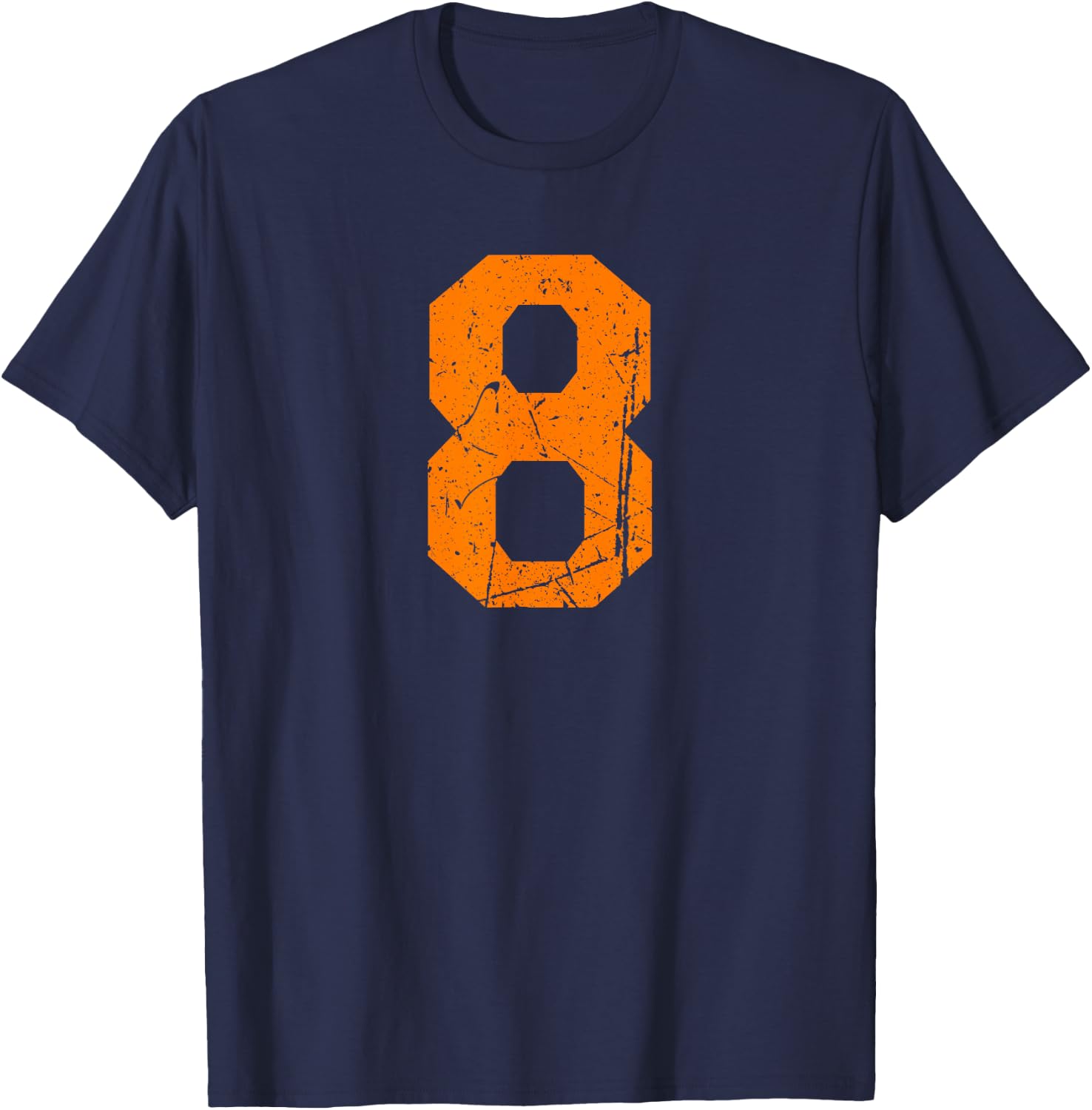 Number #8 Orange Distressed Sport Number T-Shirt - T-Shirt | Navy