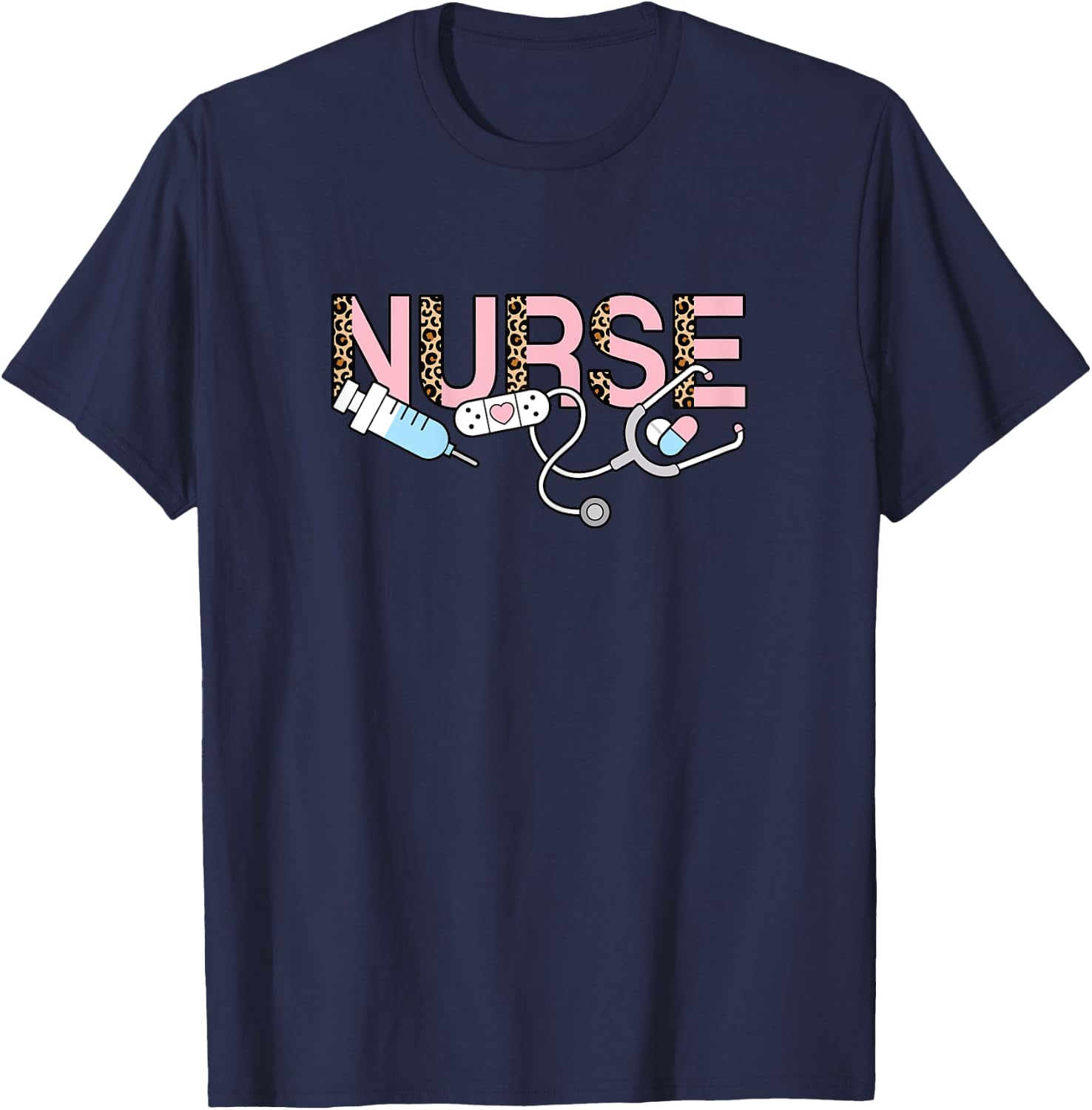 Cute Pink Nurse Leopard Print Nursing Women Girls T-Shirt - T-Shirt | Navy