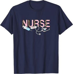 Cute Pink Nurse Leopard Print Nursing Women Girls T-Shirt - T-Shirt | Navy