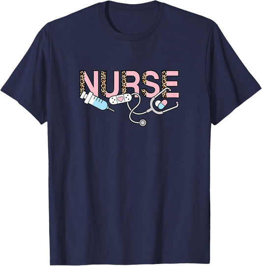 Cute Pink Nurse Leopard Print Nursing Women Girls T-Shirt - T-Shirt | Navy