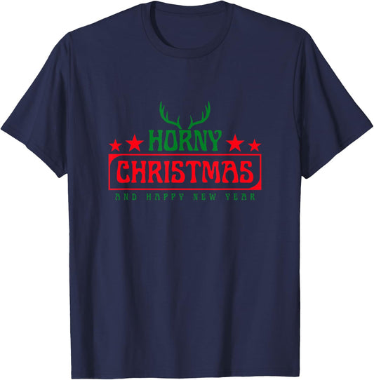 Funny Horny Christmas And A happy New Year Deer Antlers Gag T-Shirt - T-Shirt | Navy