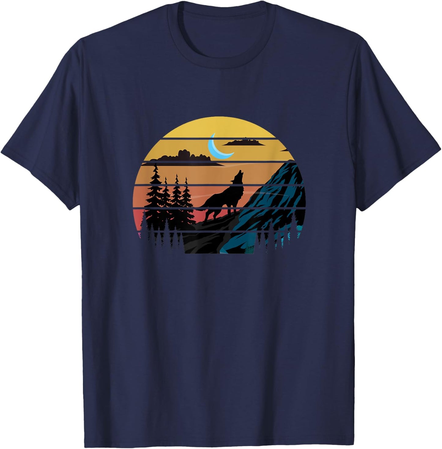 Retro Wolf Mountains Moon | Forest Nature | Wildlife T-Shirt - T-Shirt | Navy