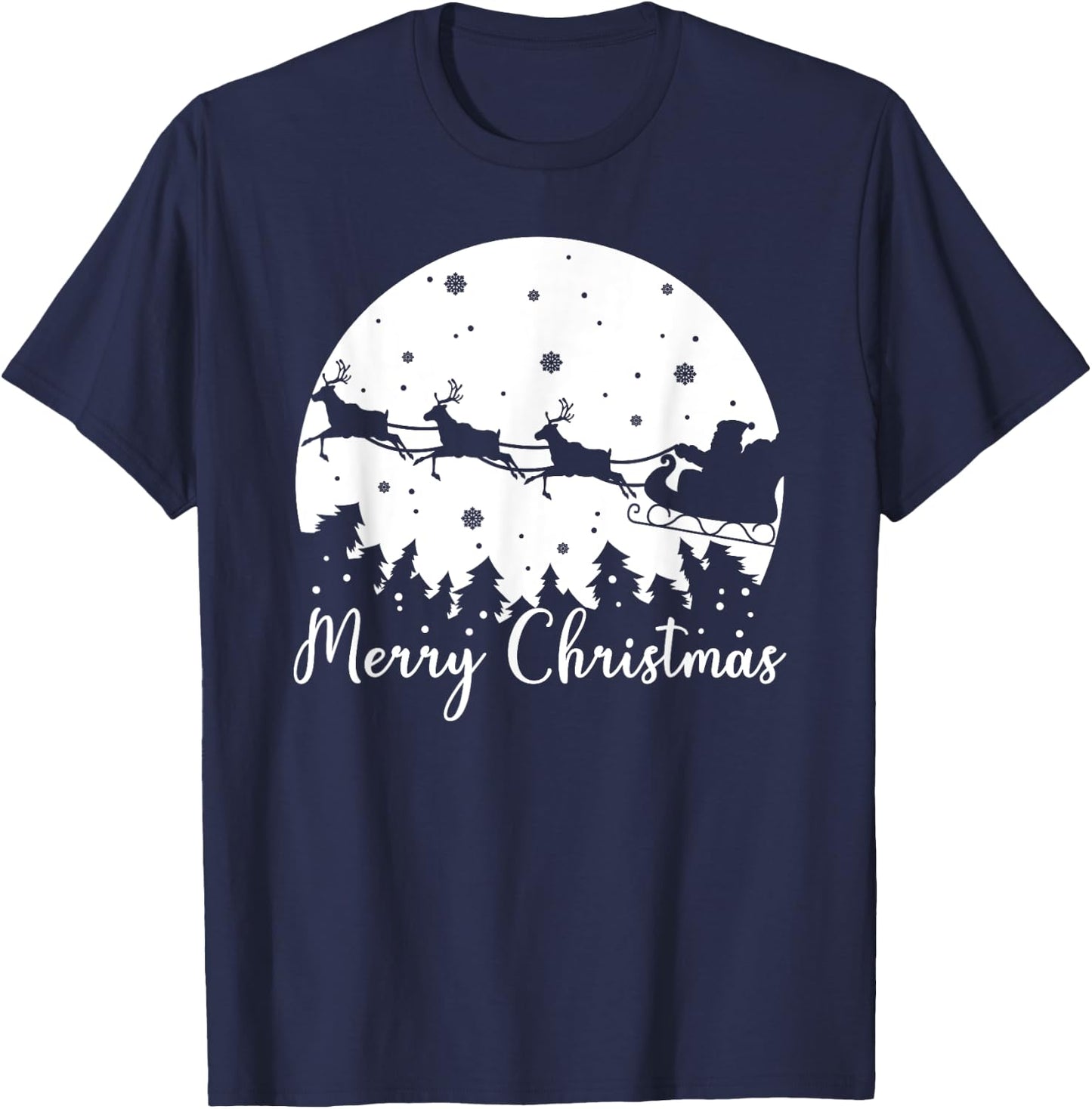 Merry Christmas, Men Women Kids, Santa Sleigh Reindeer T-Shirt - T-Shirt | Navy