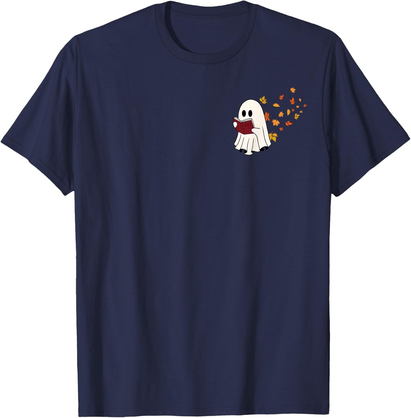 Cute Little Ghost Reading Book Under Fall Leaves Women Men T-Shirt - T-Shirt | Navy