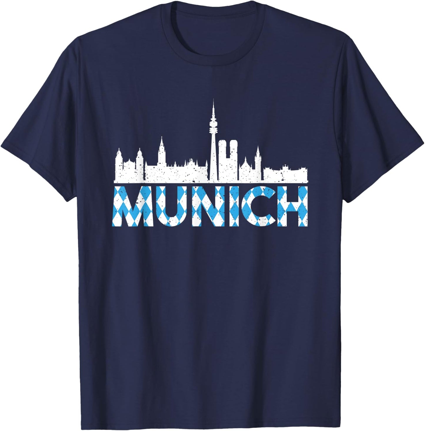 Vintage Munich Germany Skyline With Traditional Bavaria Flag T-Shirt - T-Shirt | Navy