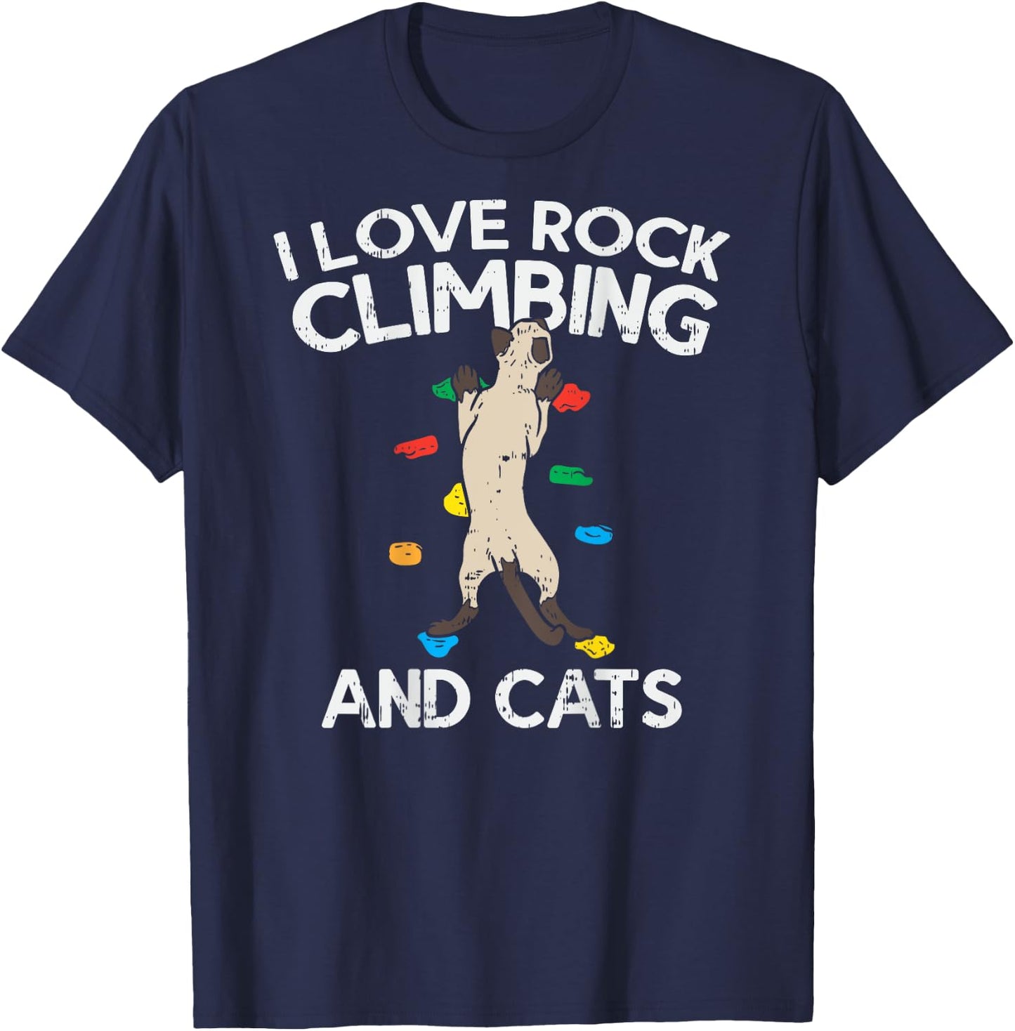 I Love Rock Climbing & Cats (on back) Cute Climbing T-Shirt - T-Shirt | Navy