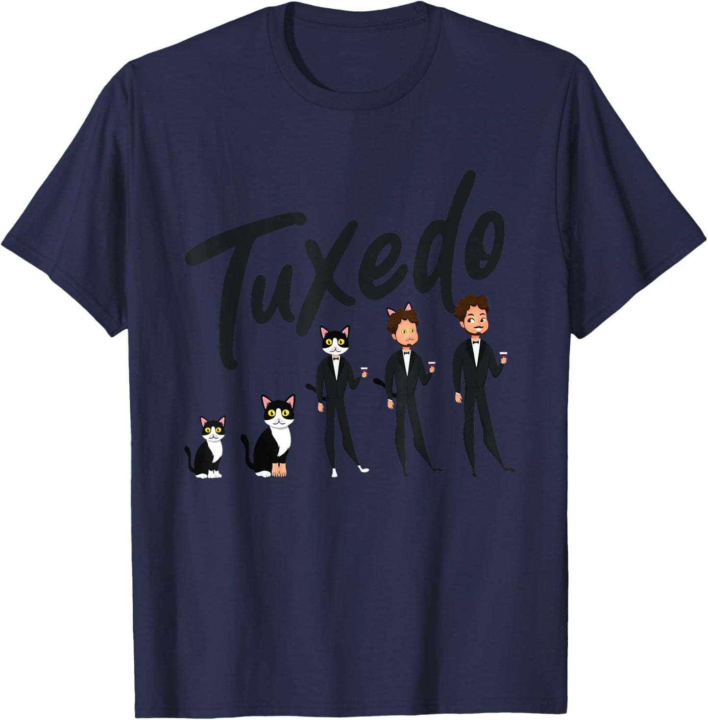 Tuxedo Cat Evolution to A Man Wearing a Tuxedo - Funny T-Shirt - T-Shirt | Navy