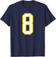 Number #8 Yellow White Sports Team T-Shirt - T-Shirt | Navy