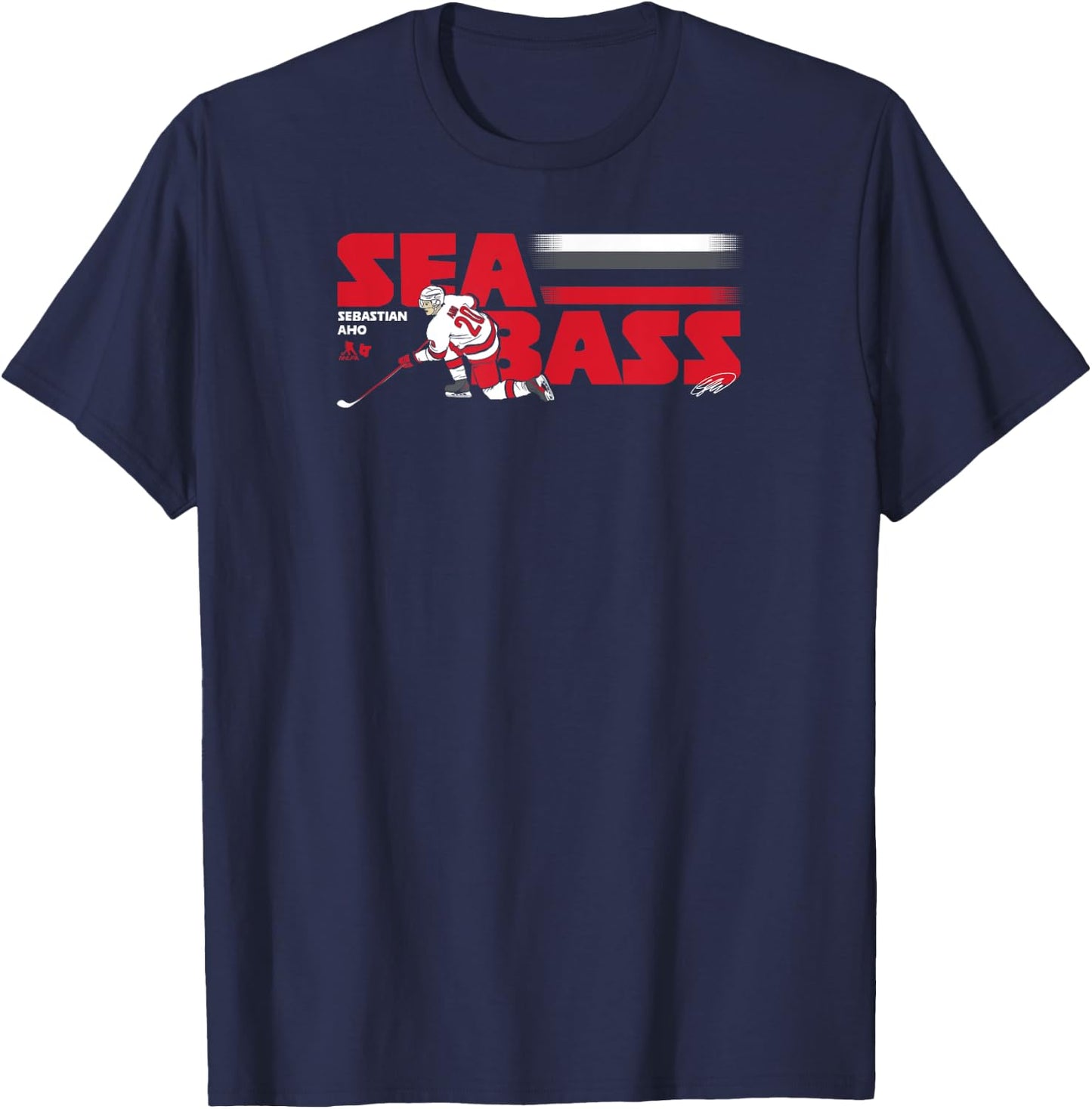 Sebastian Aho: Sea Bass - Carolina Hockey T-Shirt - T-Shirt | Navy