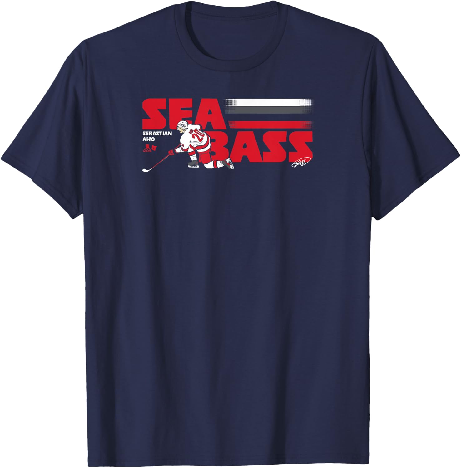 Sebastian Aho: Sea Bass - Carolina Hockey T-Shirt - T-Shirt | Navy