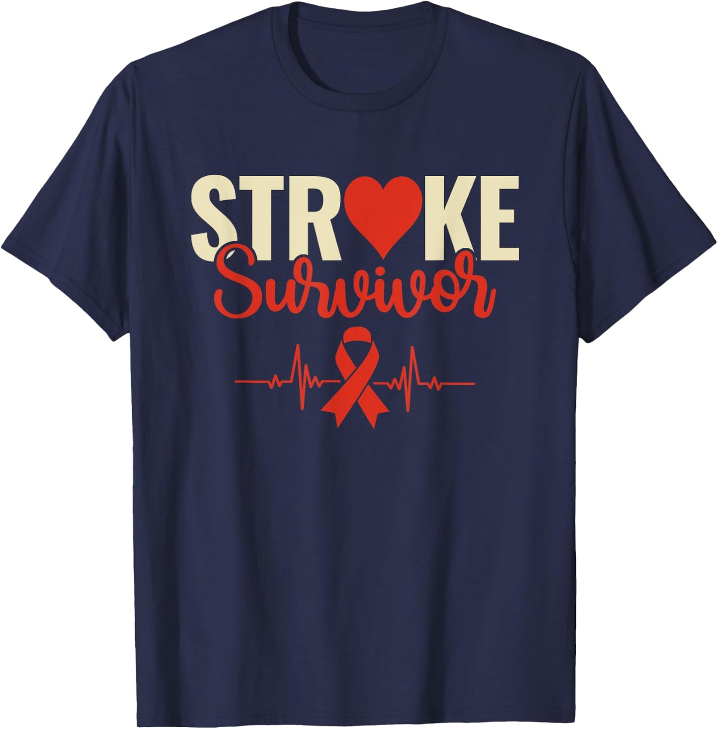 Stroke Survivor - Stroke Awareness Heart Red Ribbon T-Shirt - T-Shirt | Navy