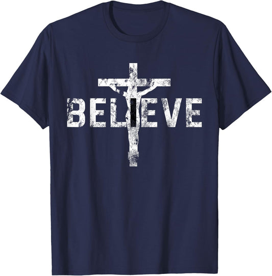 Believe Cross Christian Jesus Christ Religious Faith T-Shirt - T-Shirt | Navy