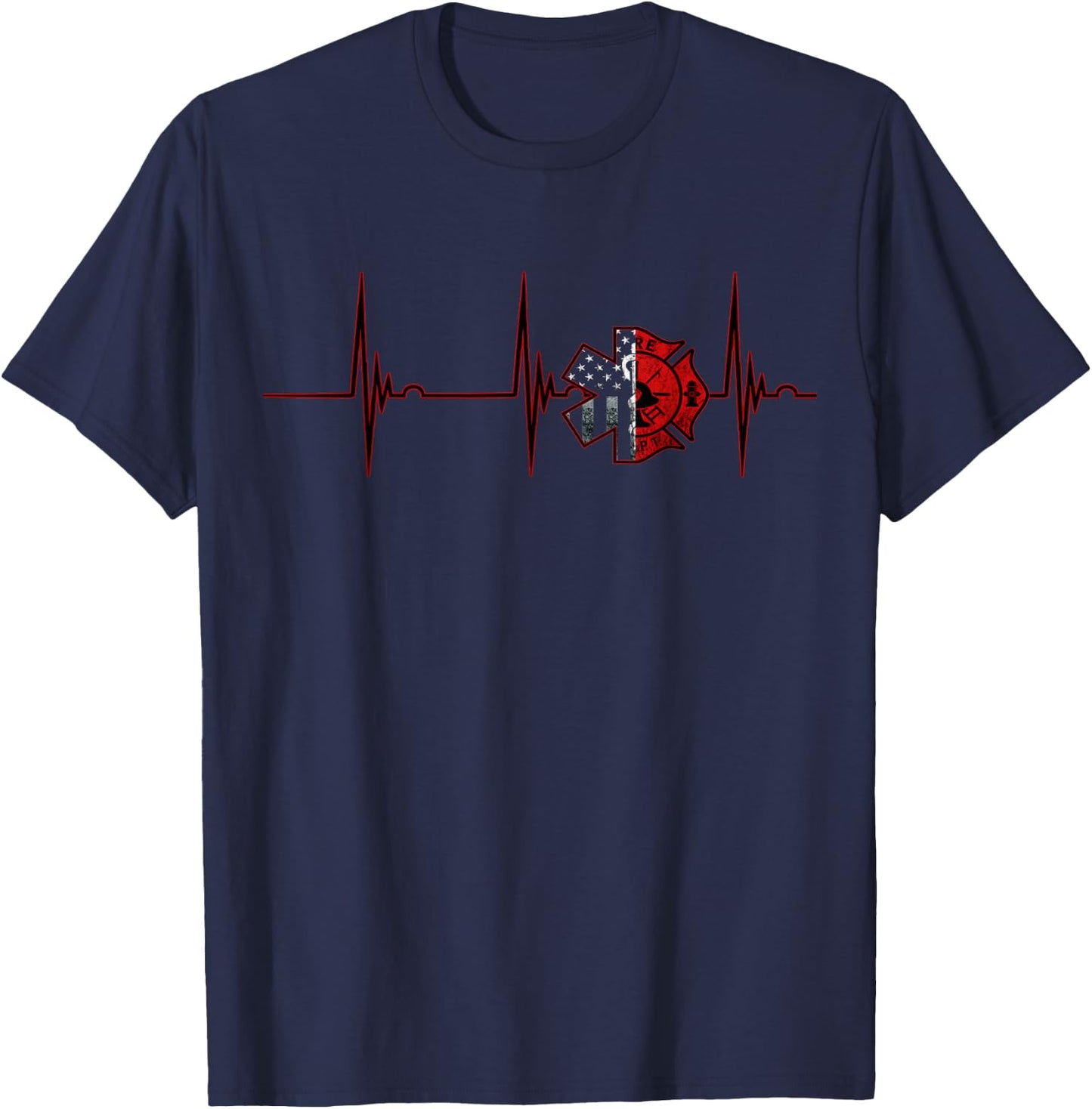 Firefighter EMT Fireman Heartbeat EKG Pulse Fire Logo T-Shirt - T-Shirt | Navy