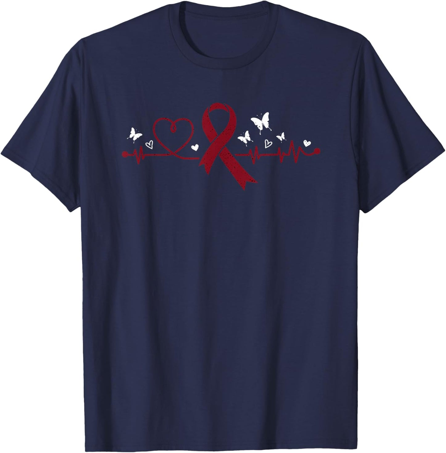 Multiple Myeloma Heartbeat Burgundy Ribbon Cancer Awareness T-Shirt - T-Shirt | Navy