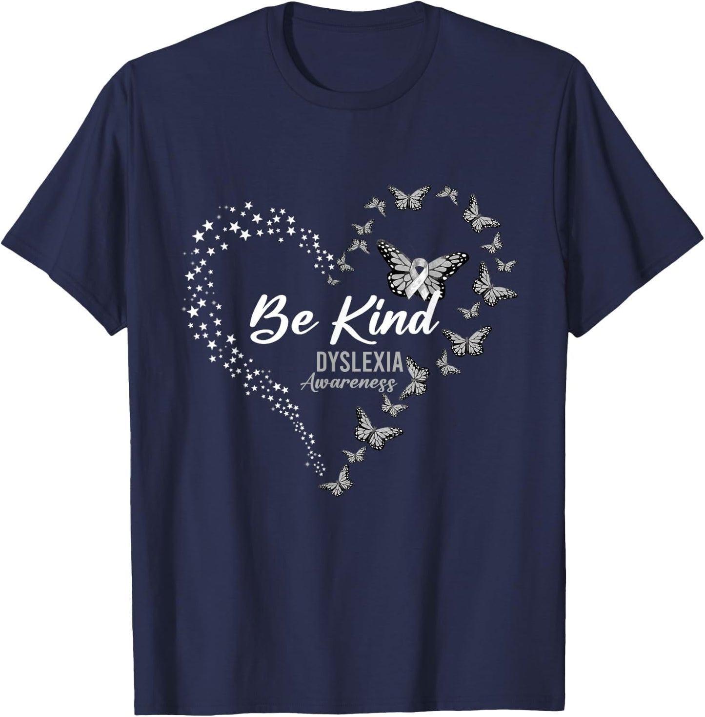 Butterfly Be Kind Gray Ribbon Dyslexia Awareness T-Shirt - T-Shirt | Navy
