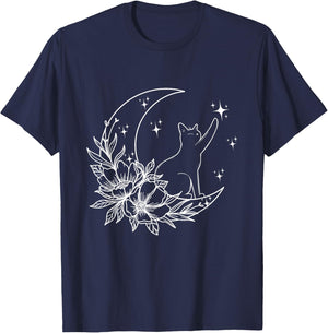 Crescent Moon Cat Star Mystical Celestial Women Girls Kids T-Shirt - T-Shirt | Navy