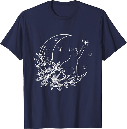 Crescent Moon Cat Star Mystical Celestial Women Girls Kids T-Shirt - T-Shirt | Navy