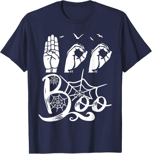 Boo Hands American Sign Language Pride ASL Halloween T-Shirt - T-Shirt | Navy