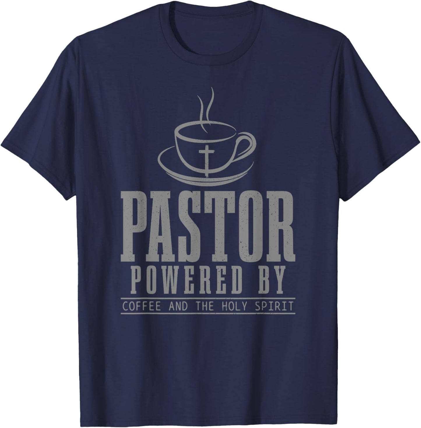 Pastor Powered By Holy Spirit & Coffee Funny Christian Faith T-Shirt - T-Shirt | Navy