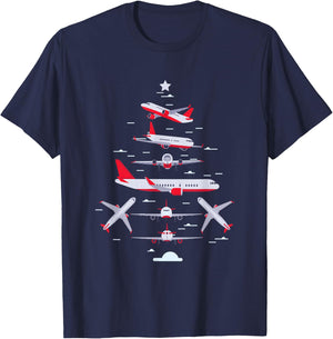 Airplane Christmas Tree Pilot Merry Christmas Xmas Tree T-Shirt - T-Shirt | Navy