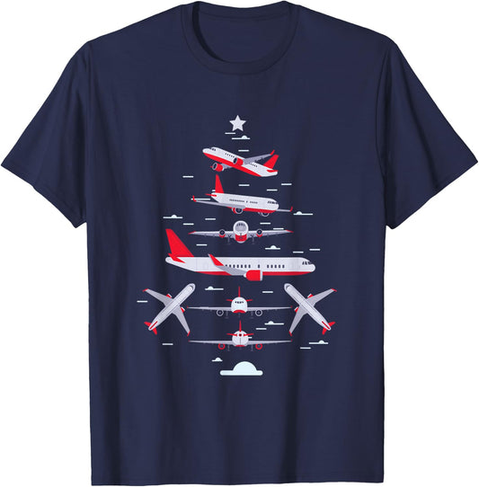 Airplane Christmas Tree Pilot Merry Christmas Xmas Tree T-Shirt - T-Shirt | Navy