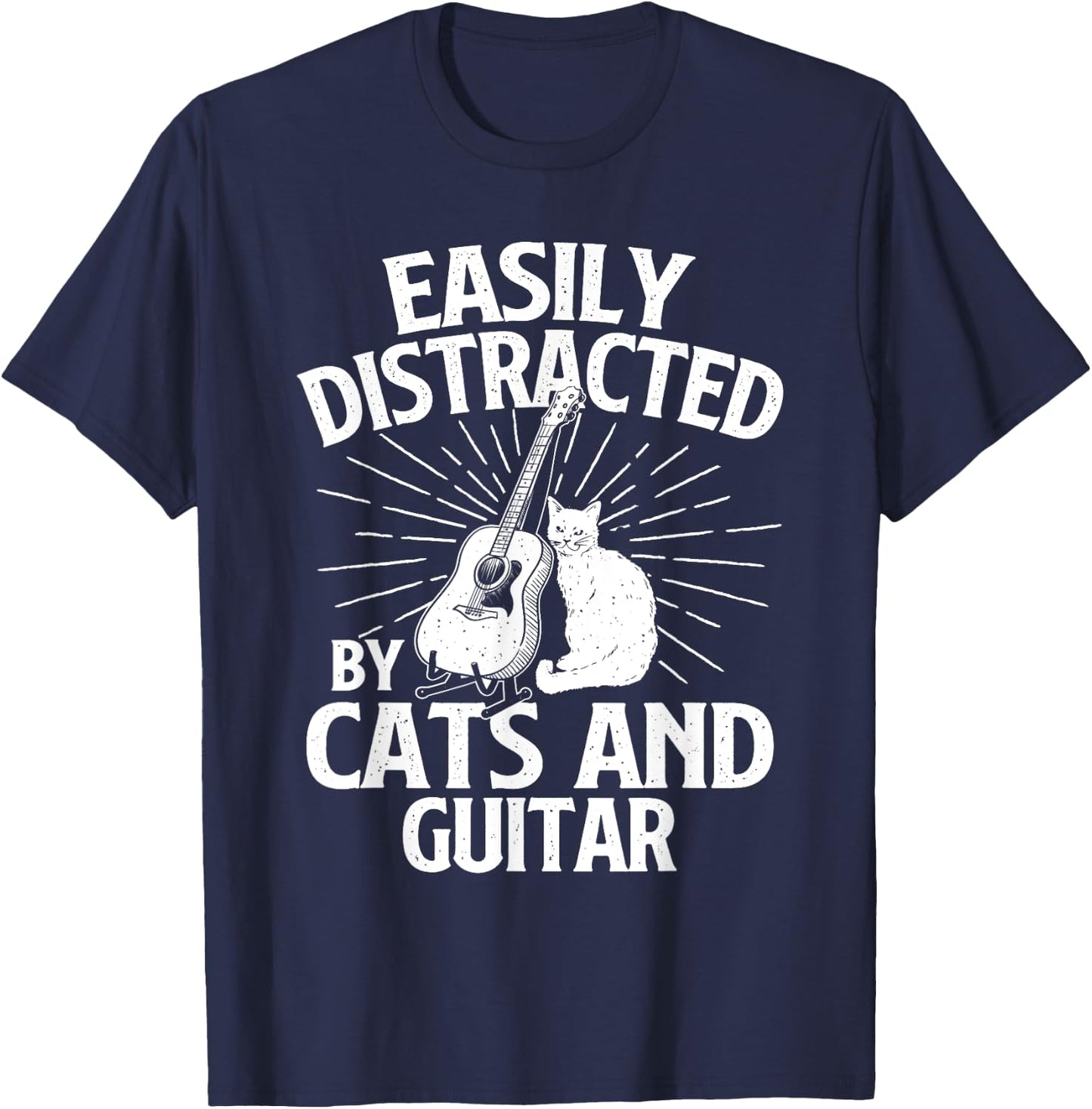 Easily Distracted By Cats And Guitar - Music Animal Lover T-Shirt - T-Shirt | Navy