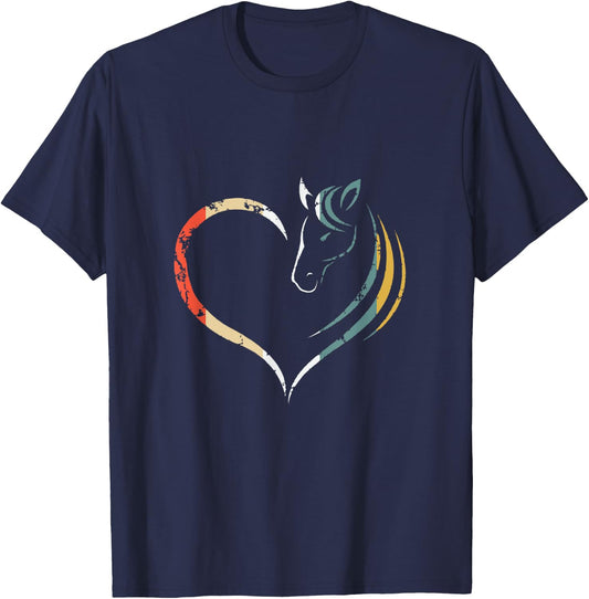 Horse Head Inside Heart Women Ladies Girls Teens Kids Retro T-Shirt - T-Shirt | Navy