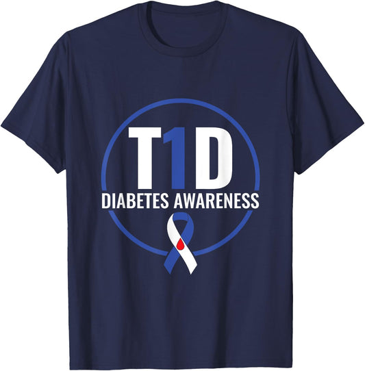 T1D Diabetes Awareness - Blue Ribbon Diabetes Support T-Shirt - T-Shirt | Navy