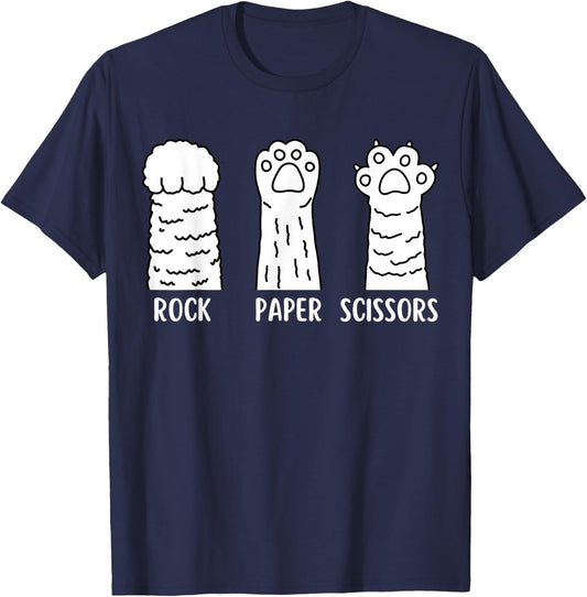 Funny Cat Animal Rescue Pet Lover Apparel Rock Paper Scissors Hand Game Cute Paw Funny Cat T-Shirt - T-Shirt | Navy