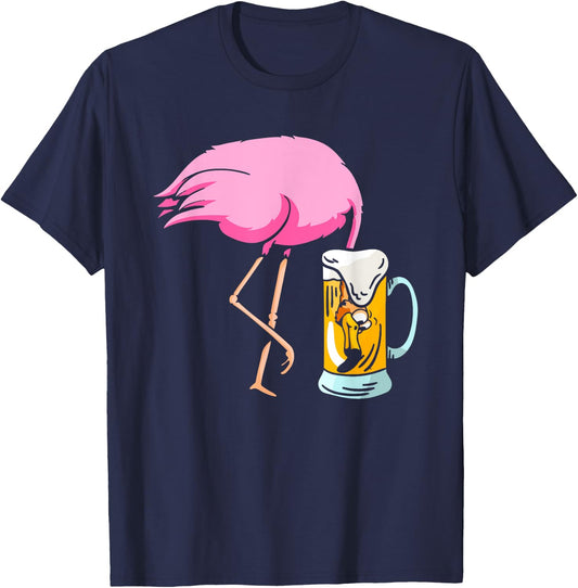Funny Flamingo Drinking Beer | Party Beer Drinker T-Shirt - T-Shirt | Navy