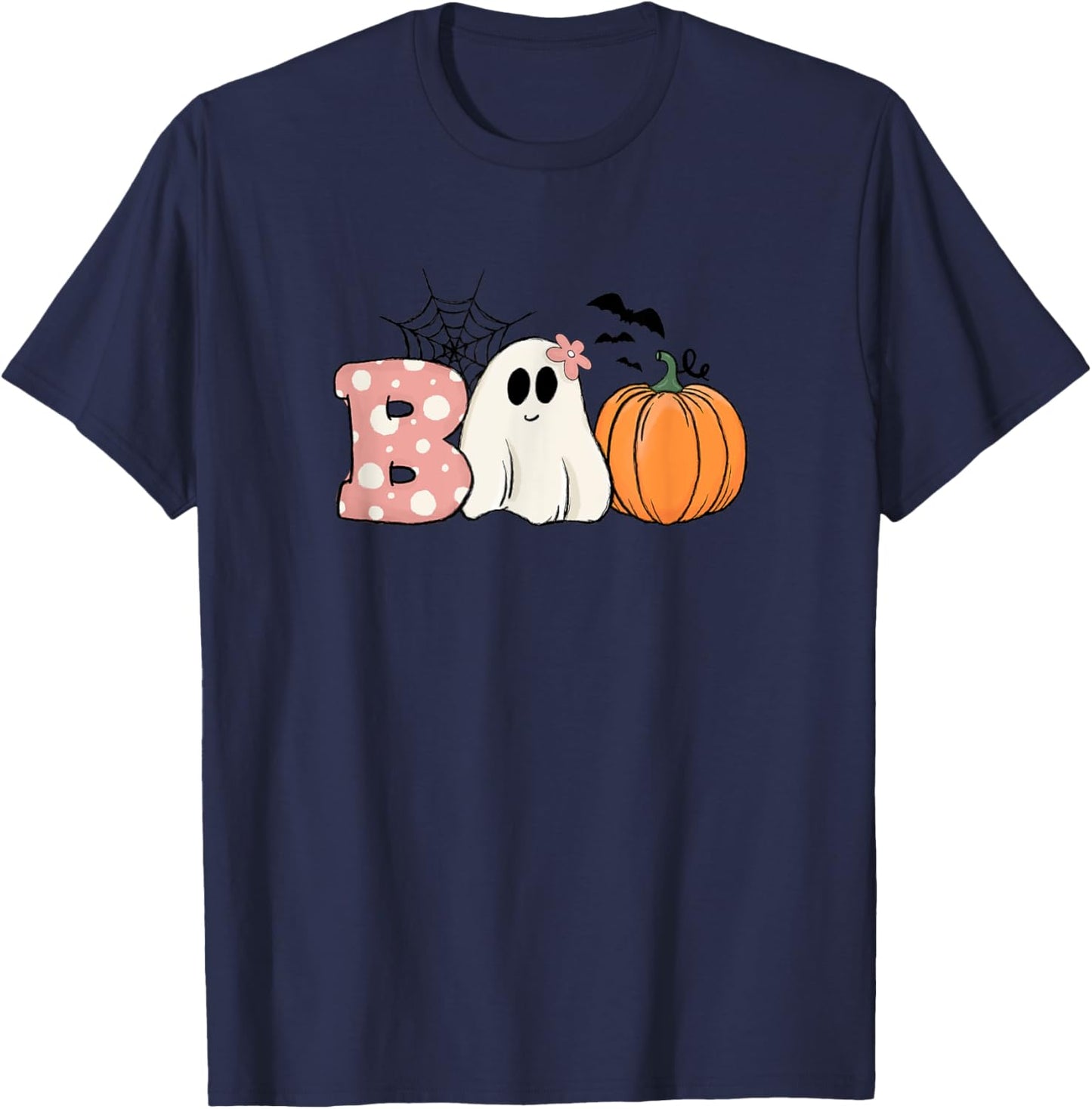 Pink Halloween Boo Hippie Ghost Pumpkin Cute Pastel Vibes T-Shirt - T-Shirt | Navy