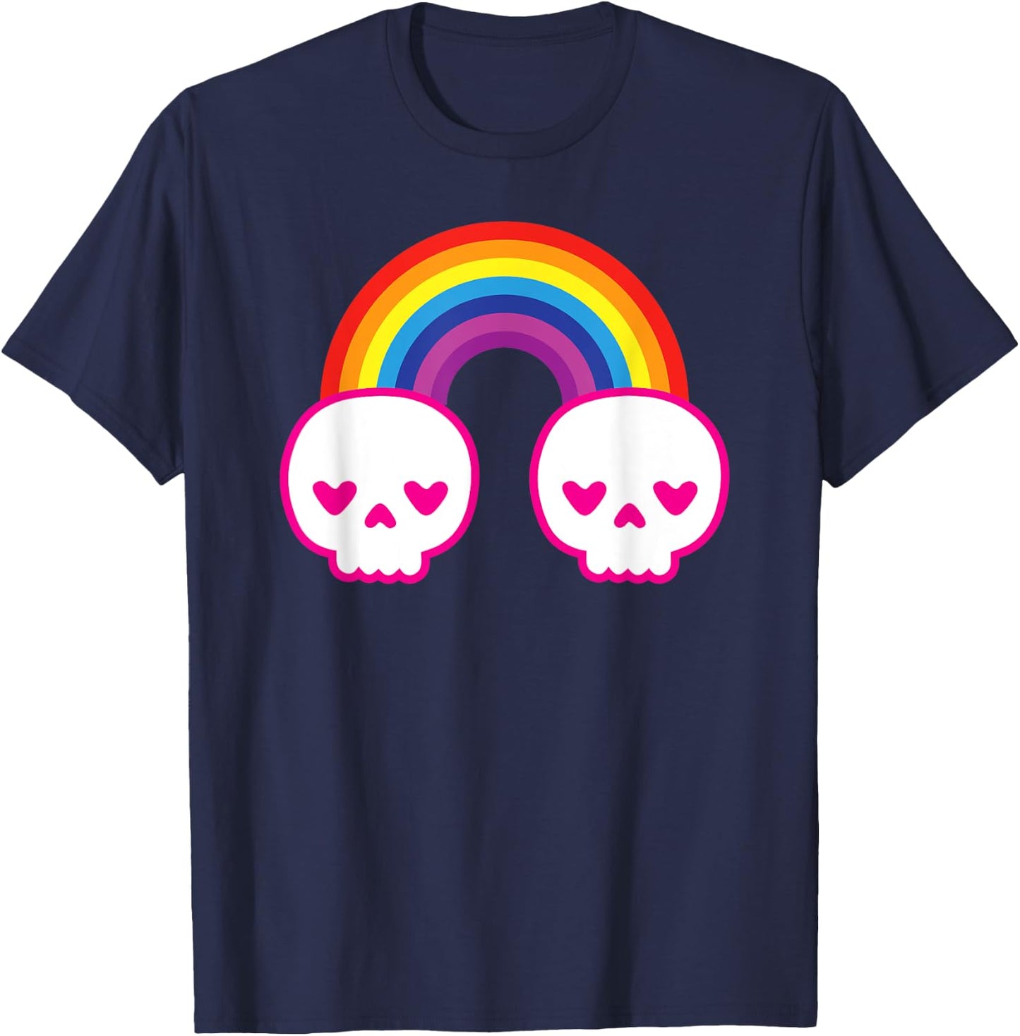 Colorful Kawaii Cute Rainbow Skulls with Heart Shape Eyes T-Shirt - T-Shirt | Navy