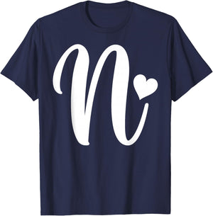 white letter N monogram initial minimalist heart graphic T-Shirt - T-Shirt | Navy