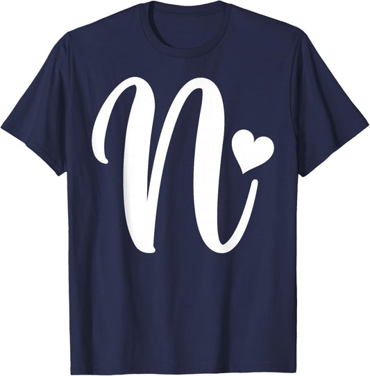 white letter N monogram initial minimalist heart graphic T-Shirt - T-Shirt | Navy