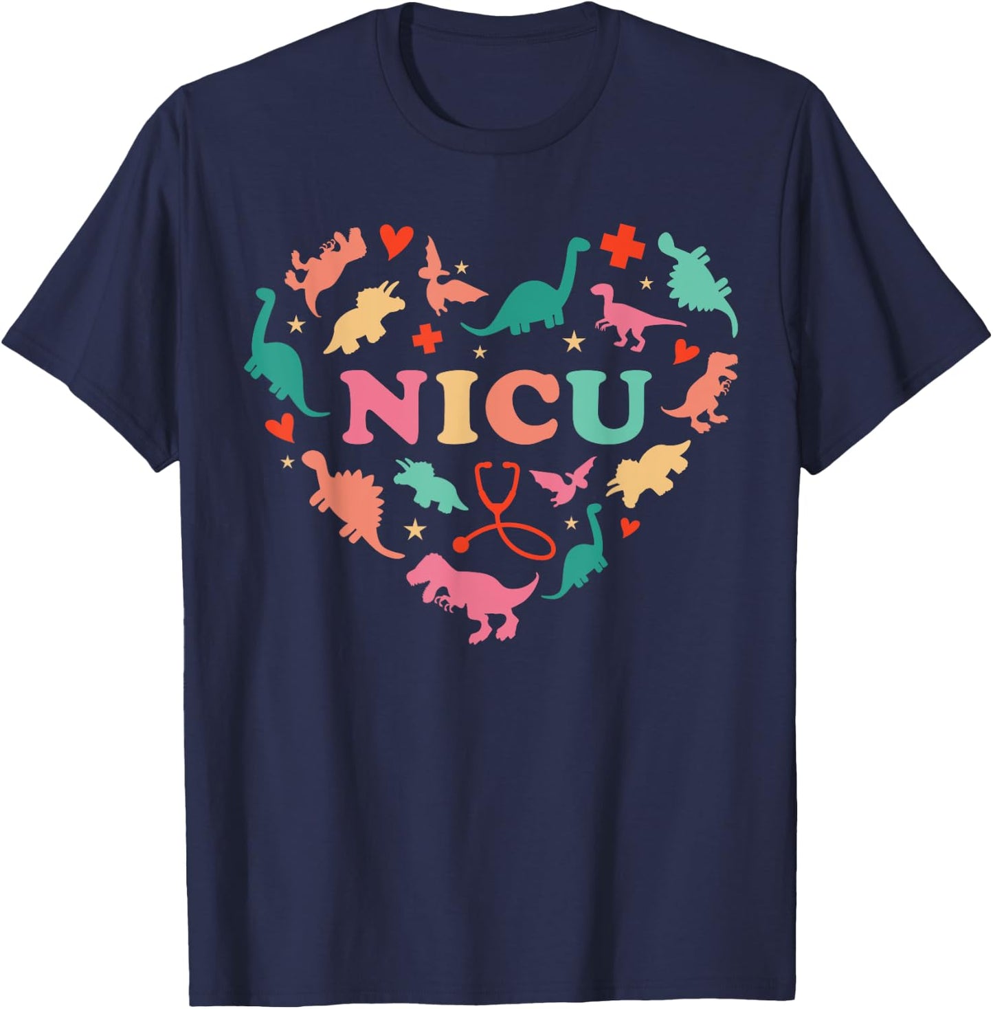 NICU Nurse Cute Colorful Dinosaur Heart Nurse Appreciation T-Shirt - T-Shirt | Navy