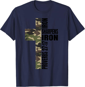 Green Camo Iron Sharpens Iron Christian Cross Family Couples T-Shirt - T-Shirt | Navy