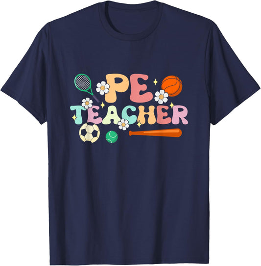 Groovy Physical Education Teacher PE Squad Back To School T-Shirt - T-Shirt | Navy